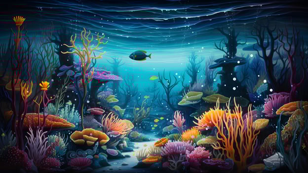 Beautiful underwater scenery with various types of fish and coral reefs photo