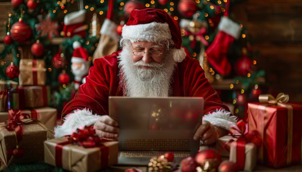 A man in a Santa hat is sitting in front of a laptop computer. He is looking at the screen with a smile on his face. The room is decorated with Christmas decorations, including a tree photo