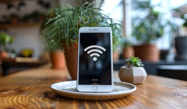 A white phone with a wifi symbol on it is sitting on a white plate on a wooden table photo