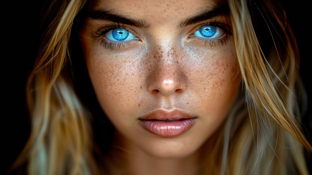 A woman with blue eyes and blonde hair. She has a very pale skin tone photo