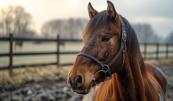 A brown horse with a black bridle is standing in a field. The horse appears to be tired and has a muddy face photo