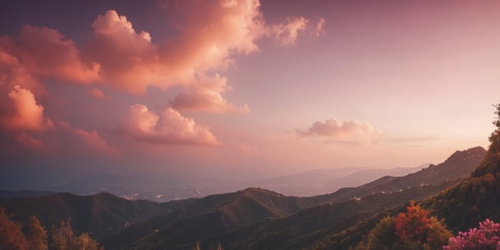 Beautiful view at pink sky above fluffy clouds. photo
