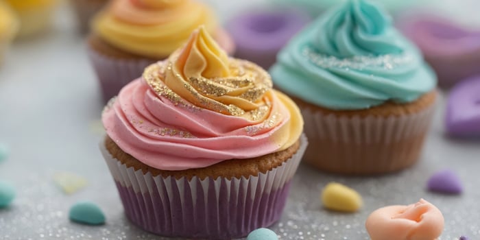 Close up of pastel colored sugar icing with glitter for cake or cupcake decoration. photo