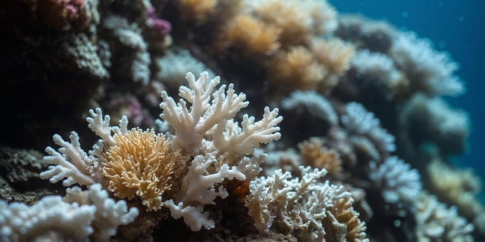 White bleached coral reef caused by change in ocean temperature due to climate change. photo