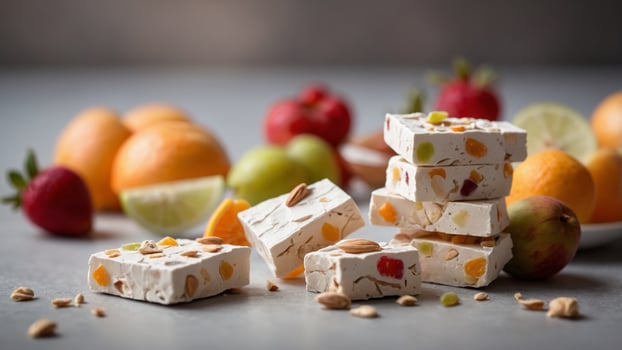 White nougat snack with fruits in front of studio background. photo