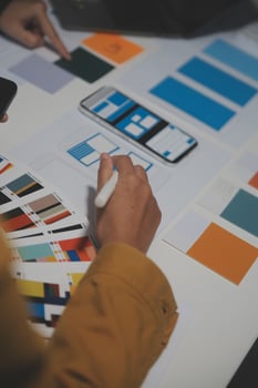 Professional interior designer at workplace in office, closeup photo