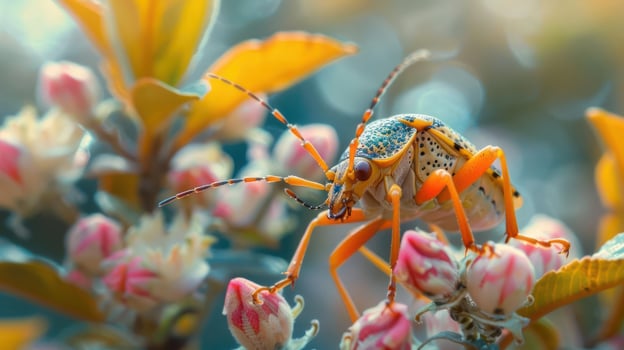 A vibrant orange and black bug perched on a beautiful blossom with pink and white flowers in the bac photo