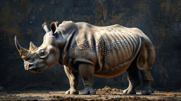 A life-sized model of a rhinoceros in a zoo setting. photo