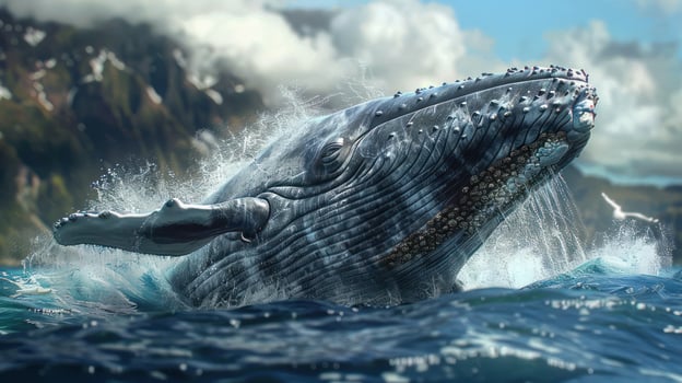 A vivid depiction of a whale breaching from the water surface, photo