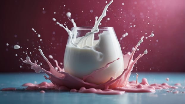 Milk splashes with pink and blue background. photo