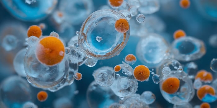 Top view of Blue bubbles under frozen water surface. photo