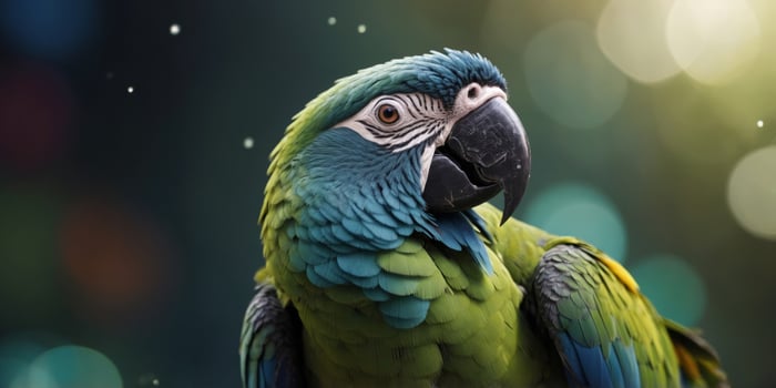 Close up of colorful blue and green feathers of exotic parrot bird. photo