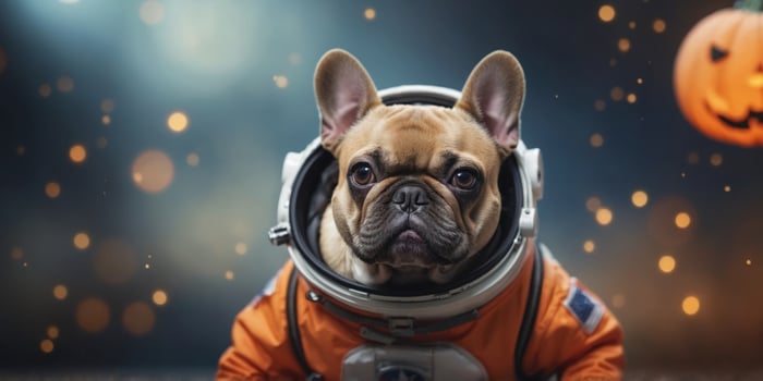 Cute French Bulldog dog wearing funny Halloween astronaut space suit costume with copy space. photo