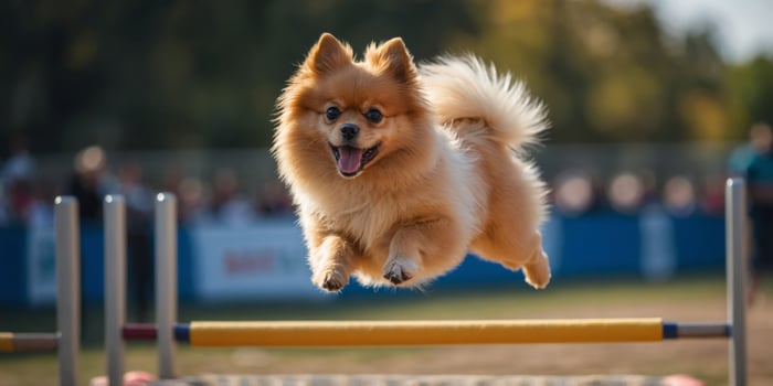 Pomeranian dog jumping over obstacle while doing agility sport. photo