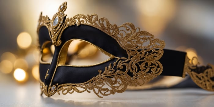 A black and gold mask placed on a white surface. photo