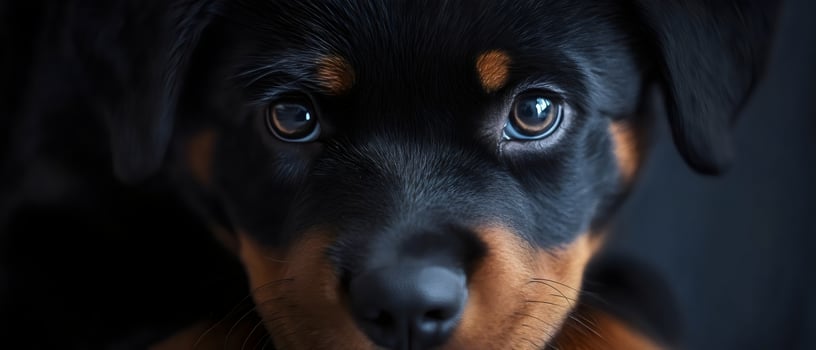 A close-up of a Rottweiler puppy with dark brown eyes. Its black fur contrasts with the rich brown markings on its muzzle and cheeks. photo