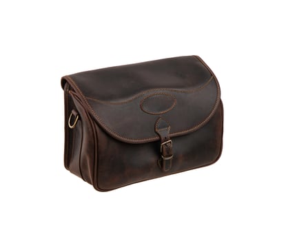 Brown leather bag with metal clasp. Isolate on a white back photo