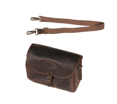 Brown leather bag with metal clasp. Isolate on a white back photo