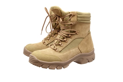Modern army combat boots. New desert beige shoes. Isolate on a white back. photo
