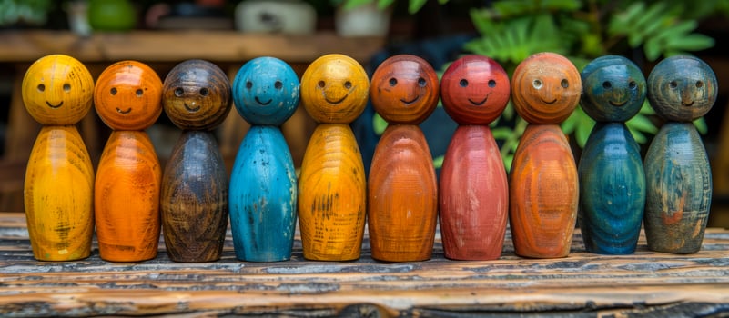 A row of wooden figurines with different colored faces photo