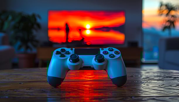 A white controller is sitting on a wooden table in front of a television. The television is displaying a sunset, creating a warm and relaxing atmosphere photo
