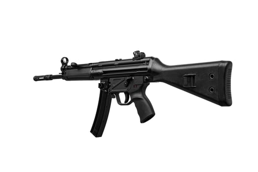 Submachine gun mp5. Small rifled automatic weapon caliber 9mm. Armament of the police and special forces. Isolate on a white back. photo