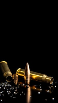 Close-up of disassembled rifle cartridges. Bullet isolated on black background with reflexion. Granulated gunpowder. photo