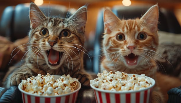 Two cats are sitting in front of two bowls of popcorn, one of which is empty. The cats are looking at the camera and seem to be excited about the popcorn photo