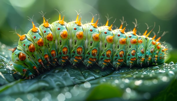 A green and orange caterpillar with many eyes. The caterpillar is very large photo