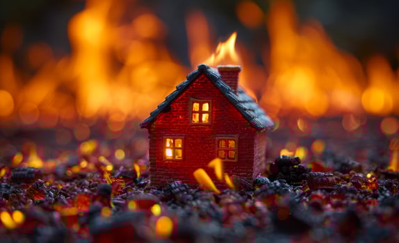 A small red house is surrounded by a pile of burning rubble. The house is on fire and the flames are licking at the roof. The scene is chaotic and dangerous photo