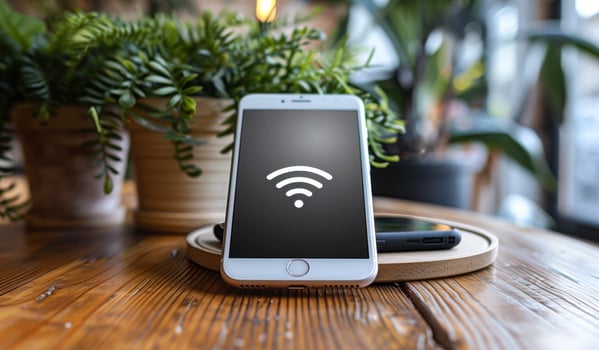 A white phone with a wifi symbol on it is sitting on a wooden table. The table is surrounded by potted plants, giving the scene a cozy and natural atmosphere photo