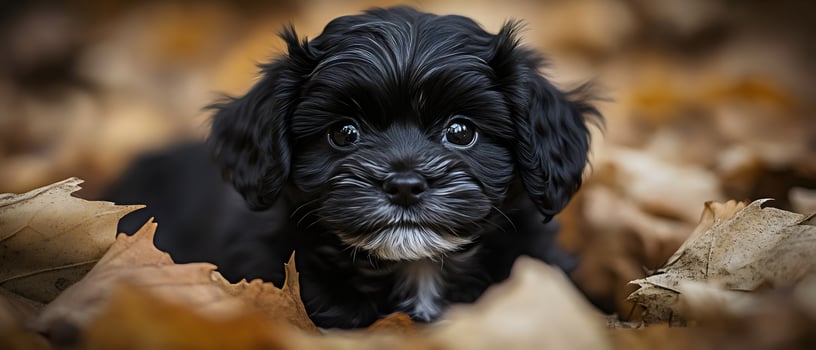 A fluffy black Havanese puppy with bright eyes is nestled among vibrant autumn leaves. Its adorable expression and soft fur make for a heartwarming and captivating image. photo