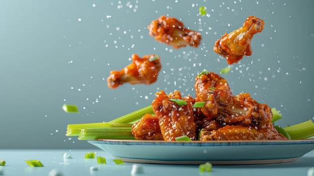 a plate of food with chicken wings and celery photo