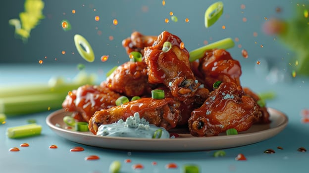 a plate of chicken wings with blue sauce and celery photo