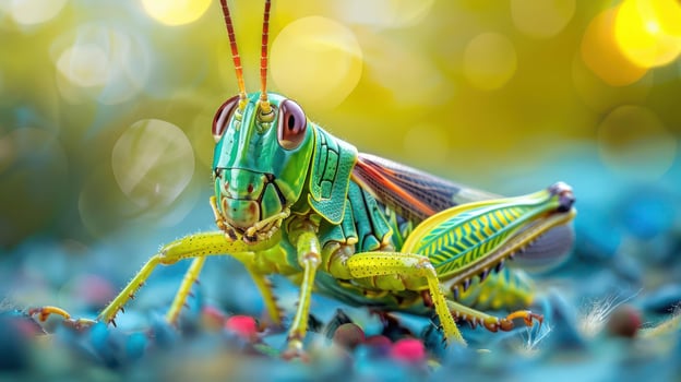 A close-up photo of a brightly colored beetle with a friendly expression,
