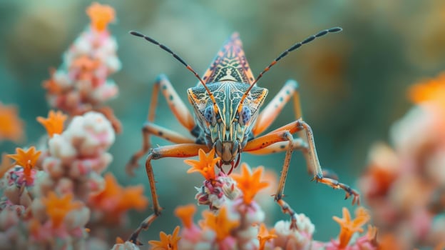 Close-up photo of a beautiful, colorful beetle on pink flowers with green leaves in the background.