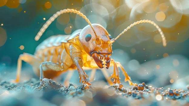 A close-up image of a beautifully detailed cockroach with wings, antennae, and beady eyes, photo