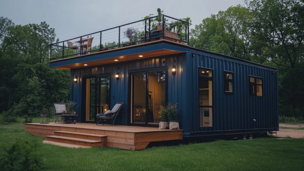 Modern tiny house made with recycled shipping containers at sunset with green lawn photo
