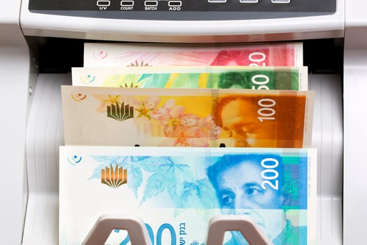 Israeli new shekel in the counting machine photo