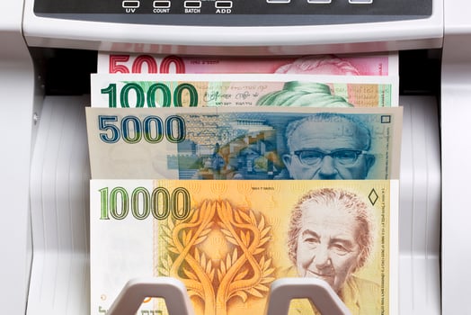 Israeli new shekel in the counting machine photo