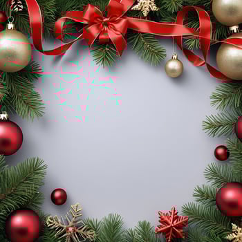 Christmas wreath with red and gold balls and ornaments on a gray background photo