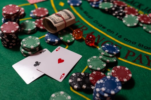 Blackjack playing cards and casino poker chips photo