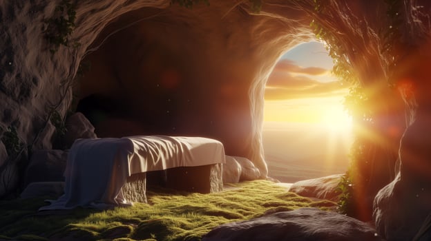 Tomb Empty With Shroud At Sunrise - Resurrection Of Jesus photo