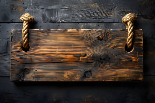 Rustic Wooden Board with Rope Loops Hanging on Dark Wooden Background Ideal for Signage Design, Posters, or Cards photo