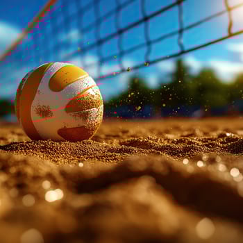 A close-up view of a volleyball resting on sandy court with a net overhead and sun shining in the background. photo