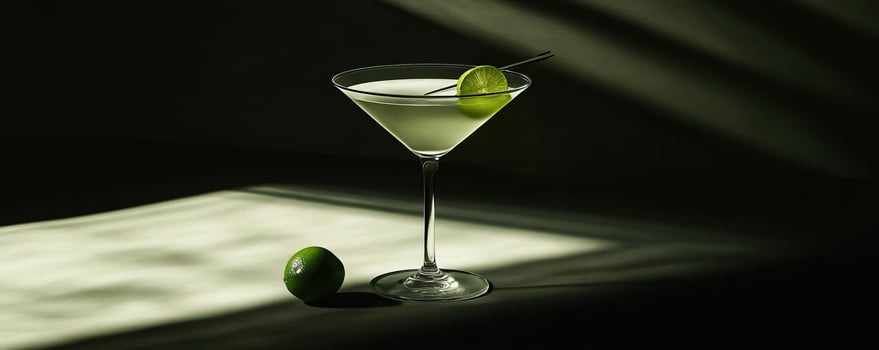 Elegant martini glass with lime slice, set against soft shadows, perfect for cocktail-themed designs. photo