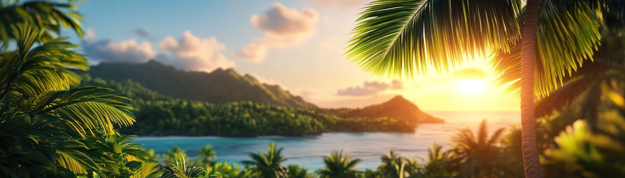 Breathtaking tropical sunset over a serene bay, framed by lush green palm leaves and mountains in the distance. photo