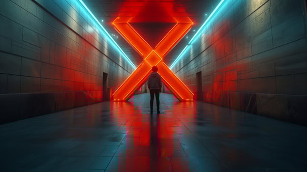 A lonely boy standing in an underpass in front of letter X - concept of disease and virus X photo