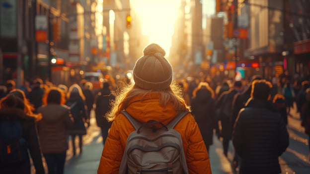 Anonymous woman among a crowd of people walking down street at sunset - back view photo