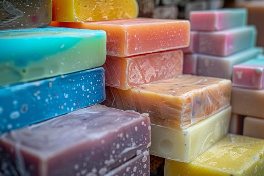 Colorful handmade soap bars stacked on display at market stall photo